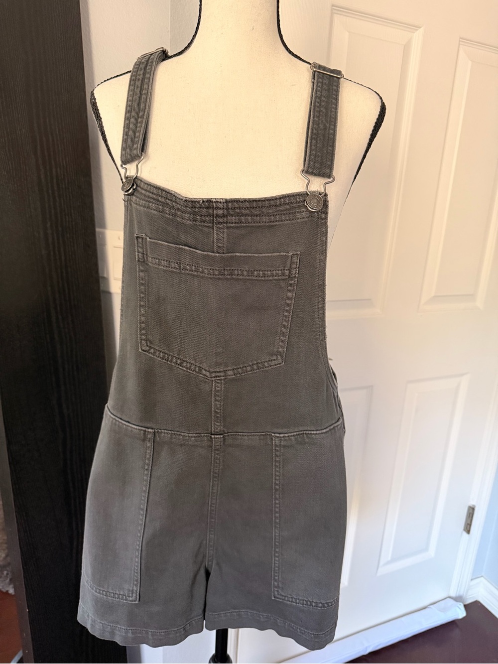 aerie Gray Short Denim Overall Romper